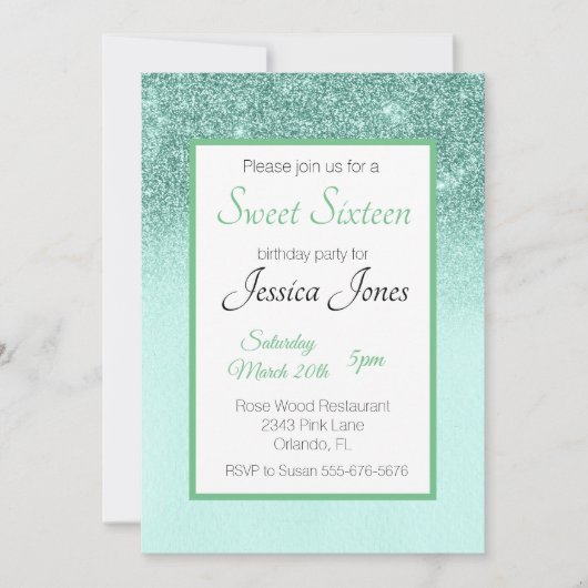 スウィート16十六歳の誕生日パーティミントグリーングリッター 招待状 (正面)