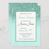 スウィート16十六歳の誕生日パーティミントグリーングリッター 招待状 (正面/裏面)