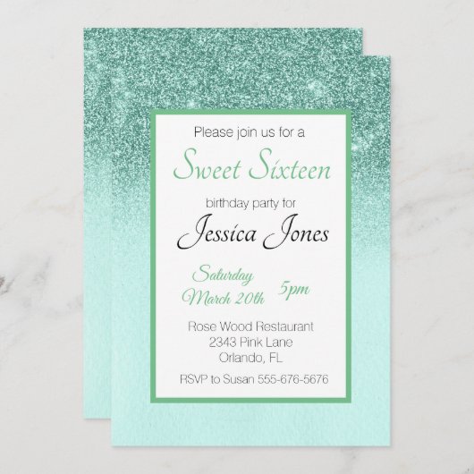 スウィート16十六歳の誕生日パーティミントグリーングリッター 招待状 (正面/裏面)