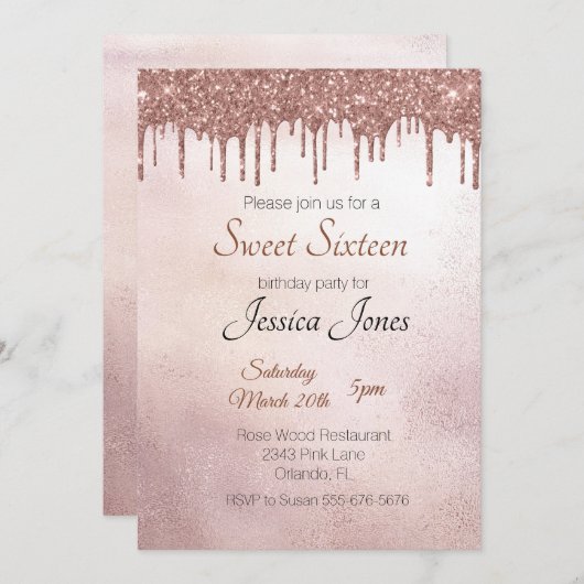 スウィート16十六歳の誕生日パーティーバラ金ゴールドドリップ 招待状 (正面/裏面)