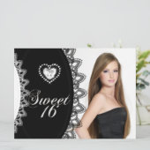 スウィート16十六歳の誕生日パーティー白黒レース 招待状 (スタンド正面)