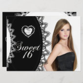 スウィート16十六歳の誕生日パーティー白黒レース 招待状 (正面/裏面)