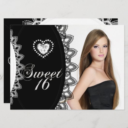スウィート16十六歳の誕生日パーティー白黒レース 招待状 (正面/裏面)