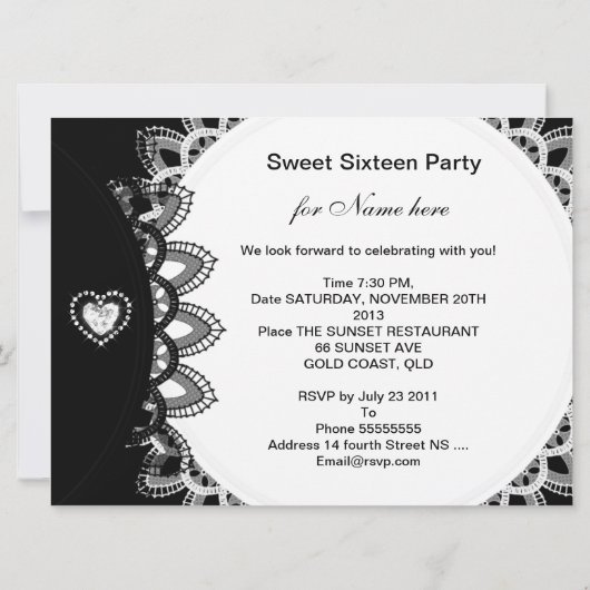スウィート16十六歳の誕生日パーティー白黒レース 招待状 (裏面)