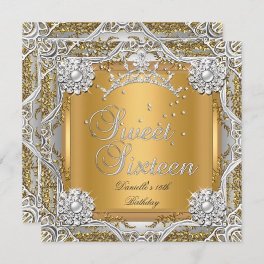スウィート16十六歳の誕生日パーティー金ゴールドシルバー 招待状 (正面/裏面)
