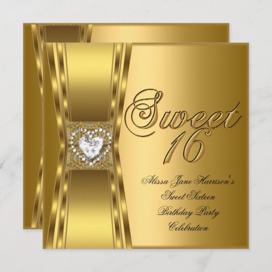 スウィート16十六歳の誕生日パーティー金ゴールドハート 招待状 (正面/裏面)