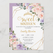 スウィート16十六薄紫赤面フローラ金ゴールド誕生日 招待状 (正面/裏面)