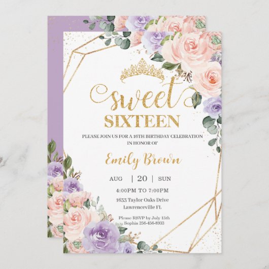 スウィート16十六薄紫赤面フローラ金ゴールド誕生日 招待状 (正面/裏面)