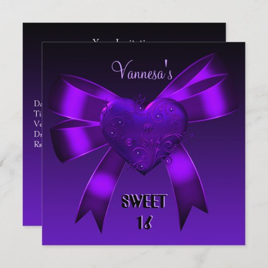 スウィート16十六誕生日ハート深い紫 招待状 (正面/裏面)