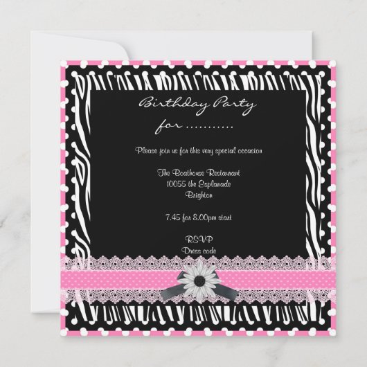 スウィート16十六誕生日白黒ピンクゼブラ 招待状 (裏面)