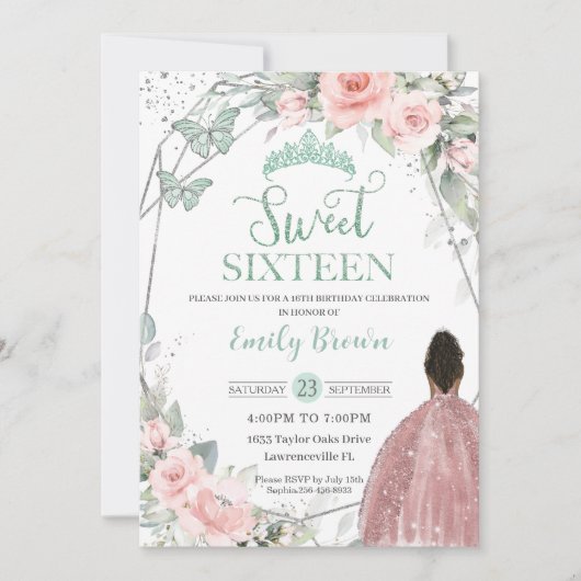 スウィート16十六誕生日赤面フローラミントグリーン 招待状 (正面)