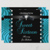 スウィート16十六黒ティール(緑がかった色)ブルーホワイトレース 招待状 (正面/裏面)