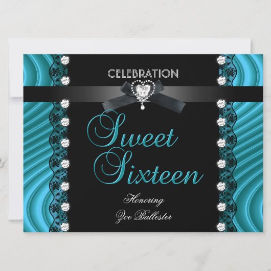 スウィート16十六黒ティール(緑がかった色)ブルーホワイトレース 招待状 (正面)