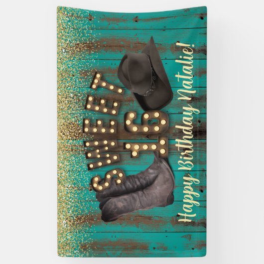 スウィート16女性のカーボーイティール（緑がかった色）バーンウッド素朴誕生日 横断幕 (縦)