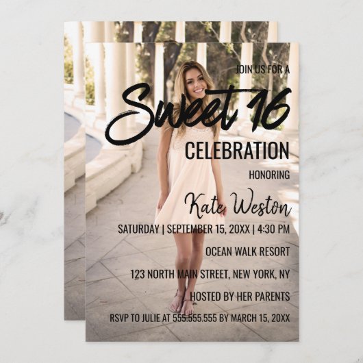 スウィート16招待状カスタム写真テンプレートデザイン 招待状 (正面/裏面)
