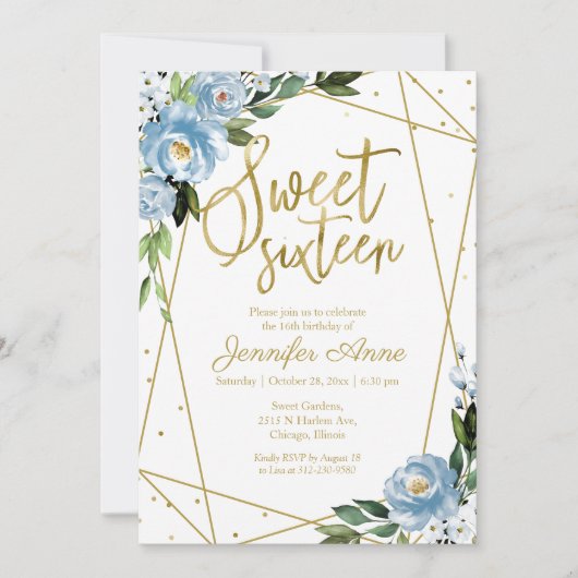 スウィート16招待状ゴールドフォイルダスティブルーフローラ 招待状 (正面)