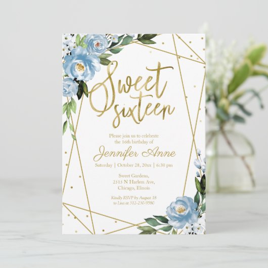 スウィート16招待状ゴールドフォイルダスティブルーフローラ 招待状 (スタンド正面)