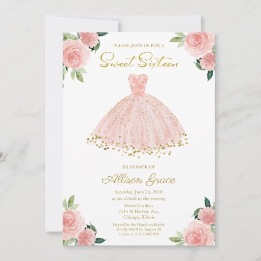 スウィート16招待状ゴールドフォイルピンク赤面ガウン 招待状 (正面)