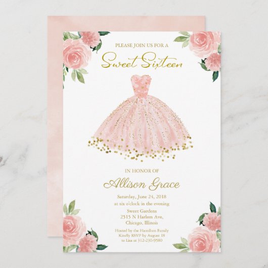 スウィート16招待状ゴールドフォイルピンク赤面ガウン 招待状 (正面/裏面)