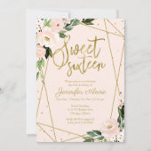 スウィート16招待状ゴールドフォイルピンク赤面フローラ 招待状 (正面)