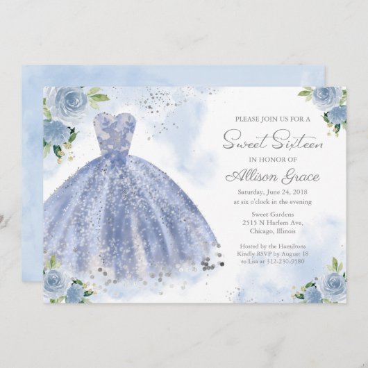 スウィート16招待状シルバーフォイルダスティブルーガウン 招待状 (正面/裏面)