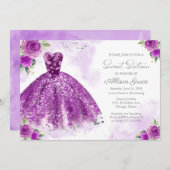 スウィート16招待状シルバーフォイルパープルガウン 招待状 (正面/裏面)