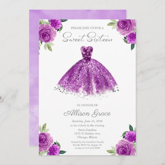 スウィート16招待状シルバーフォイルパープルガウン 招待状 (正面/裏面)