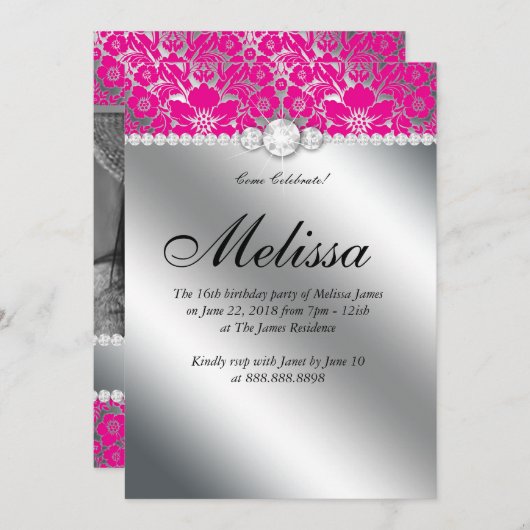 スウィート16招待状フローラダマスクホットピンクシルバー 招待状 (正面/裏面)