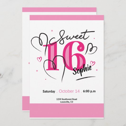 スウィート16招待状明るい赤紫色ピンク16誕生日 招待状 (正面/裏面)