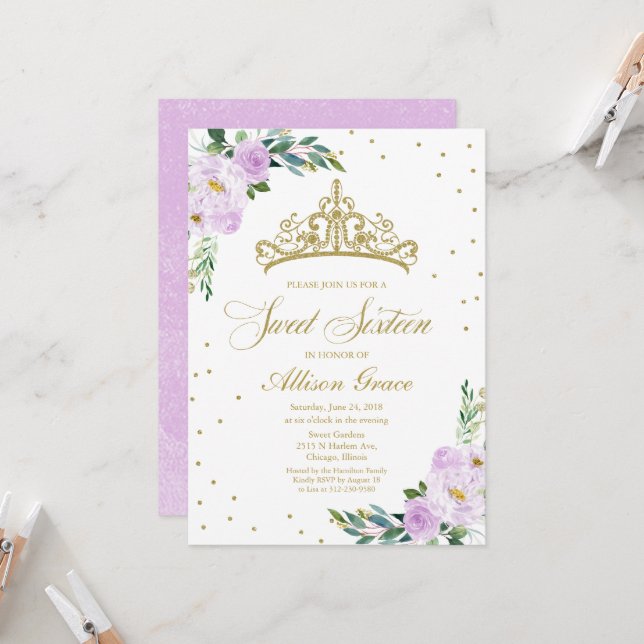 スウィート16招待状金ゴールドティアララベンダーフローラ
