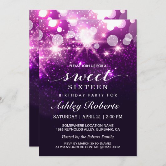 スウィート16日パーティートレンディーパープルグリッタースパーク 招待状 (正面/裏面)