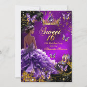 スウィート16歳の誕生日パープルゴールドドレス バタフライ 招待状 (正面)