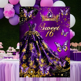 スウィート16歳の誕生日パープルゴールドドレス 蝶 招待状