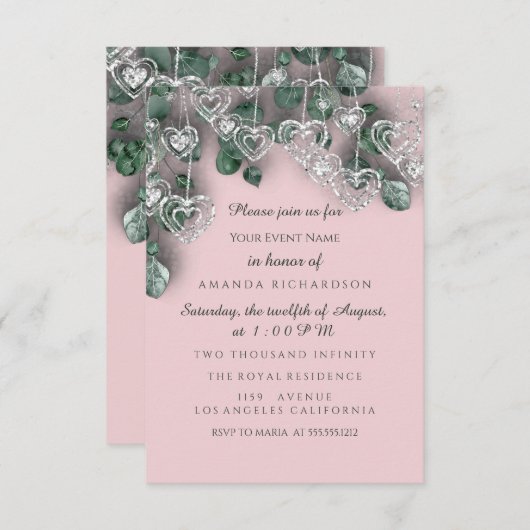 スウィート16歳の誕生日 ブライダルシャワー ハート シルバー 招待状 (正面/裏面)