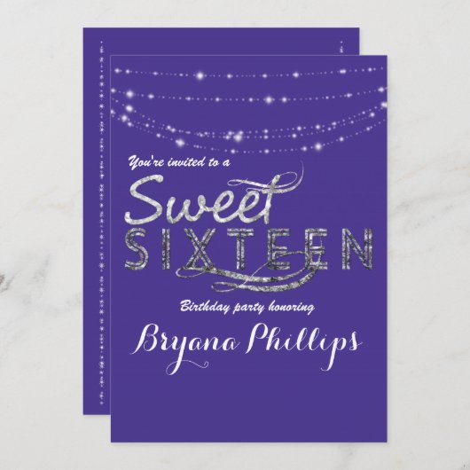 スウィート16王室のブルーグリッタースライバーパーティーグラム 招待状 (正面/裏面)