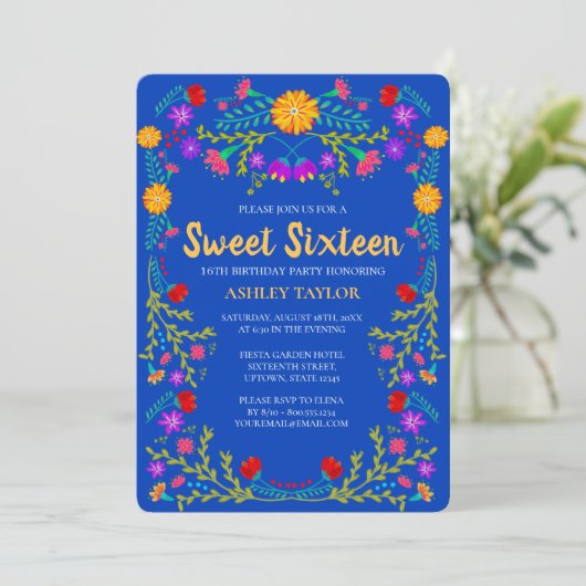 スウィート16王室のブルーフィエスタフラワーズ16誕生日 招待状 (スタンド正面)
