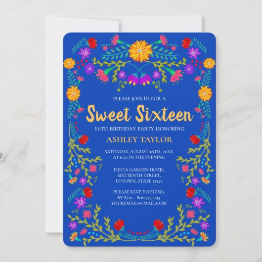スウィート16王室のブルーフィエスタフラワーズ16誕生日 招待状 (正面)