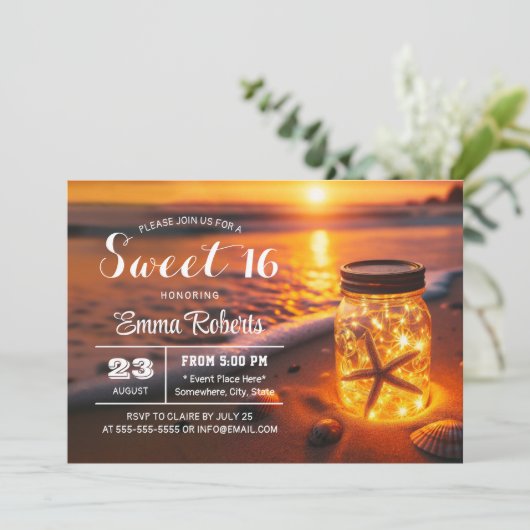 スウィート16白熱［赤熱］光を放つメイスンジャールサンセットビーチ誕生日 招待状 (スタンド正面)
