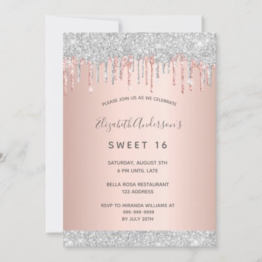 スウィート16第16パーティーシルバーグリッターピンクローズ金ゴールド 招待状 (正面)