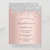スウィート16第16パーティーシルバーグリッターピンクローズ金ゴールド 招待状 (正面/裏面)