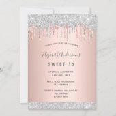 スウィート16第16パーティーシルバーグリッターピンクローズ金ゴールド 招待状 (正面)