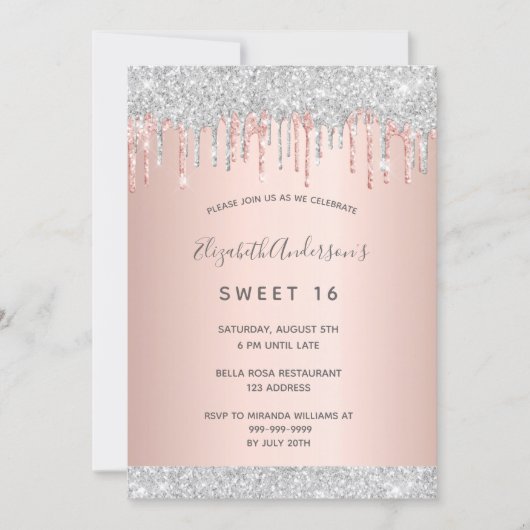 スウィート16第16パーティーシルバーグリッターピンクローズ金ゴールド 招待状 (正面)