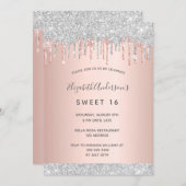スウィート16第16パーティーシルバーグリッターピンクローズ金ゴールド 招待状 (正面/裏面)