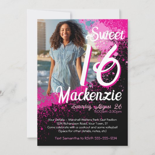 スウィート16絵を描（ばちゃばちゃ）跳ねるフォト誕生日招待状 招待状 (正面)