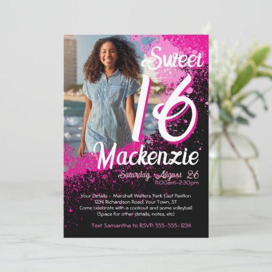 スウィート16絵を描（ばちゃばちゃ）跳ねるフォト誕生日招待状 招待状 (スタンド正面)