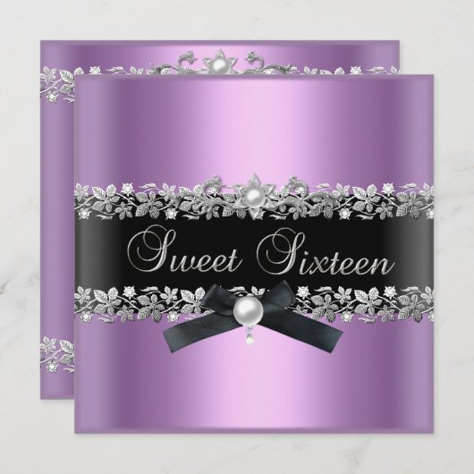 スウィート16薄紫ピンクブラックシルバーフローラ 招待状 (正面/裏面)