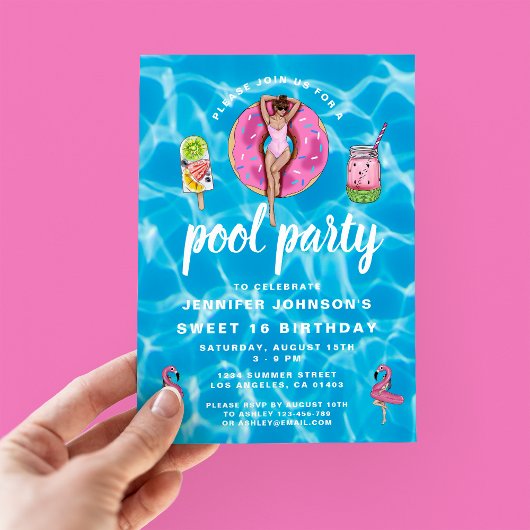 スウィート16誕生日かわいいピンクの夏プールパーティー 招待状