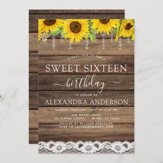 スウィート16誕生日ひまわり素朴ファームハウス 招待状 (正面/裏面)