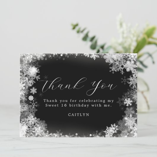 スウィート16誕生日ウィンターワンダーランドスノーフレーク サンキューカード (スタンド正面)
