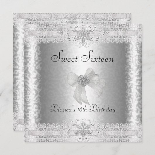 スウィート16誕生日エレガントシルバーホワイトフローラ2 招待状 (正面/裏面)